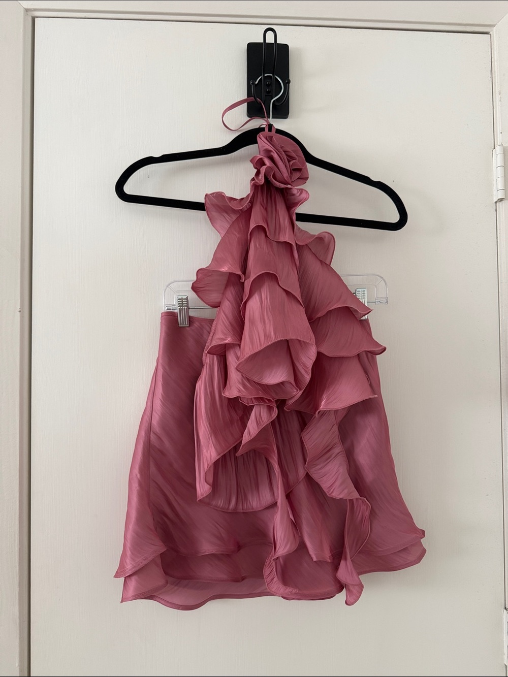 Women's Pink Ruffled Halter Scarf Top and Skirt